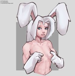 bunny bunny_ears bunny_girl critterstew hands_on_breasts pale-skinned_female pale_skin pinup pinup_girls pinup_pose white_fur white_hair