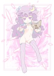 1girls areolae belly book eyelashes eyes female female_only full_body haibokusha half-closed_eyes hat holding long_hair looking_at_viewer magic mob_cap navel nipples nude pale_color patchouli_knowledge pink_background purple purple_eyes purple_hair pussy ribbon small_breasts solo thighhighs touhou uncensored white_border