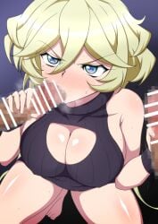 a_k_g_e_0325 blonde_hair blue_eyes blush breasts carol_malus_dienheim censored cleavage_cutout clothing_cutout covered_nipples erection fellatio female group_sex handjob large_breasts long_hair meme_attire mole mole_under_eye mosaic_censoring open-chest_sweater oral penis ribbed_sweater senki_zesshou_symphogear shiny_skin sleeveless solo solo_focus squatting straight sweater threesome