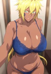 ai_generated arrancar big_breasts bleach bleach:_the_thousand-year_blood_war blush bra braids breasts_bigger_than_head busty child_bearing_hips cleavage cleavage_overflow colored_eyelashes dark-skinned_female dark_skin eyelashes facepaint facial_markings hourglass_figure huge_breasts large_breasts lingerie midriff nai_diffusion oppai panties short_hair short_hair_with_long_locks smile solo stable_diffusion thick_eyelashes tia_harribel tofuro top_heavy top_heavy_breasts underwear voluptuous voluptuous_female wide_hips yellow_hair