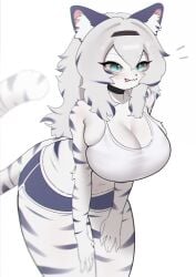 1girls 2024 animal_ears anthro aqua_eyes bent_over big_breasts blush breast_squish choker cleavage female female_only fur furry hairband hi_res licking_lips long_hair nua_(omeki) omeki pantherine shorts slit_pupils smile solo striped_fur tail tank_top thick_thighs tiger white_background white_fur white_hair white_tiger