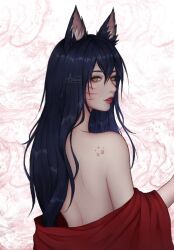 1girls ahri artelsia bare_back bare_shoulders black_hair default_ahri facial_markings female female_focus female_only fox_ears league_of_legends lips looking_at_viewer looking_back white_fur yellow_eyes