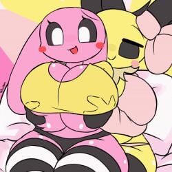 2girls animated annabee_(woebeeme) bra breast_grab breasts_bigger_than_head flustered groping_breasts legwear marshmallow_(oxyoxyoxyox) massive_breasts multiple_girls pink_bow surprised_expression tagme touching_nipples underwear wink woebeeme