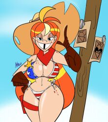 1female 2020 american_flag_bikini atomickingboo badge big_breasts bikini cowboy_hat cowgirl female_focus freckles gloves gun_holster looking_at_viewer neckerchief pole red_hair rudy_roundup sheriff_badge smiling smiling_at_viewer solo_female swimsuit teeth_gap thick_thighs wanted_poster