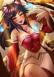 1girls ahri black_hair breasts clothed collarbone cute_fang default_ahri fangs female fox fox_ears fox_girl fox_tail kimono kitsune league_of_legends nine_tailed_fox pudding300 thick_thighs thighs yellow_eyes