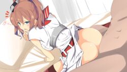 1boy admiral_(kantai_collection) arm_support ass bed bed_sheet blue_eyes blush breast_pocket breasts brown_hair clothed_sex dress dutch_angle female from_behind hair_between_eyes hair_ornament half-closed_eye highres impossible_clothes kantai_collection kyuchan large_breasts long_hair looking_at_viewer no_panties open_mouth out_of_frame ponytail red_legwear red_neckerchief saratoga_(kantai_collection) side_ponytail sidelocks sitting smokestack solo_focus thighhighs tied_hair waking_up wariza white_dress