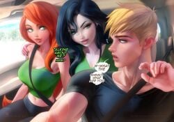 1boy 2girls belt belt_buckle big_breasts black_hair blonde_hair breasts dialogue disney english_text female ginger_hair kim_possible kimberly_ann_possible long_hair male multiple_girls ron_stoppable sakimichan shego short_hair text