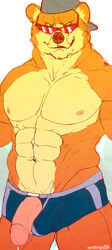 1boy 2014 abs anthro athletic bear biceps big_muscles boxers brown_fur bulge erection eyewear front_view fur furry glasses grin hat highres humanoid_penis leaking looking_at_viewer male male_only mammal multicolored_fur muscular muscular_male nipples pecs penis penis_through_fly poking_out pose precum simple_background smile solo standing sunglasses tan_fur topless two_tone_fur underwear underwear_aside vein werethrope white_background yellow_eyes