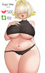 1girls ahoge ass_visible_through_thighs belly belly_button blonde_hair blush elegg_(nikke) eppolsart female_only goddess_of_victory:_nikke hair_over_eyes large_breasts oerba_yun_fang open_mouth panties strip_game thick_thighs underboob white_background wide_hips