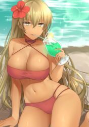 1girls absurdres beach big_breasts bikini blonde_hair breasts cleavage commission cup drink drinking drinking_glass drinking_straw drinking_straw_in_mouth female fire_emblem fire_emblem:_the_binding_blade flower fujiwaraminaho hair_flower hair_ornament highres igrene_(fire_emblem) large_breasts long_hair nintendo ocean red_bikini red_flower red_swimsuit skeb_commission solo solo_female swimsuit tan yellow_eyes