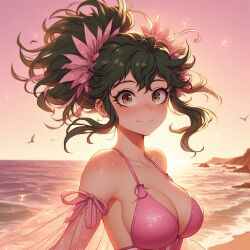 ai_generated artificial-sissy big_breasts bikini cleavage dress female female_deku freckles genderswap_(mtf) green_eyes green_hair izuku_midoriya my_hero_academia rule_63 solo