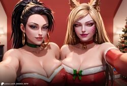 ahri ai_assisted ai_baddies ai_generated akali akali_jhomen_tethi bangs blonde_female blonde_hair blue_eyes christmas christmas_outfit close-up cowboy_shot dark_hair festive fox_ears gift holidays inside k/da_ahri k/da_akali k/da_all_out_series k/da_series kitsune large_breasts league_of_legends looking_at_viewer party patreon patreon_link patreon_logo patreon_url patreon_username ponytail purple_hair red_dress santa_costume santa_hat selfie smirk yellow_eyes