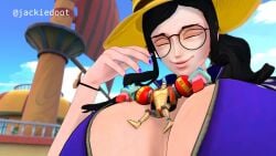 1boy1girl 3d animated big_breasts bouncing_breasts female female_focus franky giantess glasses huge_breasts jackiedoot male nico_robin on_breasts one_piece tagme video