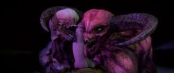 2girls 3d baron_of_hell_(doom) big_penis blender breasts dasharky3d demon_girl doom doom_slayer_(doom) eyeless_female green_eyes hell_knight_(doom) horns licking licking_penis muscles nightmare_waifu simple_background