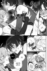 1boy 1girls angry black_and_white blush blushing_at_partner blushing_profusely comic cum cum_in_pussy cum_inside cumbucket cumming cumming_inside english_text female genshin_impact hoyoverse lumine_(genshin_impact) majunjuu male monochrome premature_ejaculation pumping_cum scaramouche_(genshin_impact) sex straight tease teasing twitch_lines twitching