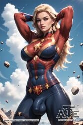 1futa abs ai_clothes ai_generated armpits balls big_balls big_breasts breasts bulge bulge_through_clothing captain_marvel carol_danvers curvy flaccid flaccid_penis futa_only futa_sans_pussy futanari huge_cock human human_only looking_at_viewer marvel penis penis_outline small_waist smile solo taceee testicles