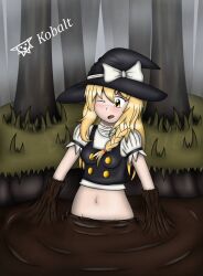 artist_signature black_hat black_vest blonde_hair braid forest kobalt727 marisa_kirisame midriff mud quicksand scared struggling stuck_in_mud tagme touhou white_shirt witch_hat yellow_eyes