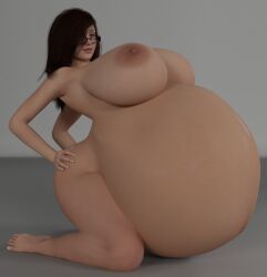 1girls 3d belly belly_inflation big_belly big_breasts black_hair breasts female glasses huge_belly huge_breasts inflation nipples thatoneblueguy