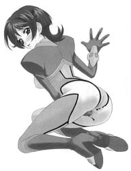 00s antenna_hair aoi_anna artist_request ass breasts female female leotard looking_back monochrome shinkon_gattai_godannar!! short_hair