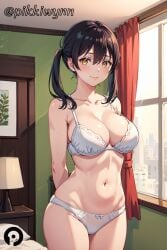 1girls ai_generated arms_behind_back bangs bare_shoulders black_hair blush bra breasts cleavage closed_mouth collarbone cowboy_shot curtains en'en_no_shouboutai enen_no_shouboutai female female_focus female_only fire_force human indoors kotatsu_tamaki large_breasts legs_together long_hair looking_at_viewer matching_underwear navel panties pikkiwynn smile solo stomach twintails underwear underwear_only white_bra white_panties wide_hips window yellow_eyes