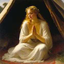 ai_generated blonde_hair blue_eyes breasts cleavage curly_hair curvy flower_in_hair kneeling lips long_hair praying realistic sitting small_breasts smile solo tent tent_interior white_dress william_bouguereau