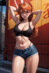 1girls 2d ai_generated armpits arms_behind_head asuka_langley_sohryu big_breasts blue_eyes blush breasts city cleavage covered_nipples denim_shorts female large_breasts league69 long_hair neon_genesis_evangelion nipple_bulge orange_hair panties shorts solo street tank_top urban