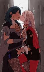 1futa 1girls ass_grab breast_grab breasts byleth_(fire_emblem) byleth_(fire_emblem)_(female) closed_eyes clothed clothing duo edelgard_von_hresvelg erection female fire_emblem fire_emblem:_three_houses futa_on_female futanari garreg_mach_monastery_uniform glovejob gloves groping handjob human humao_san kissing light-skinned_female light-skinned_futanari light_skin long_hair mostly_clothed nintendo penis pubic_hair sex small_breasts teal_hair tongue tongue_out trembling two-handed_handjob white_hair