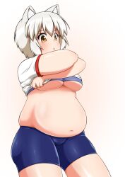 animal_ears bbw belly_overhang big_belly big_female bike_shorts blush chubby chubby_female embarrassed fat fat_female fat_fetish fat_girl fat_woman fatty large_female momiji_inubashiri overweight overweight_female plump pork_chop thick_thighs touhou tubby undressing weight_gain wolf_ears