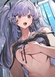 bare_shoulders black_shirt blue_archive blue_eyes blue_hair blush bra bra_lift breasts candy cleavage clothes_lift covering_breasts covering_privates female food food_in_mouth highres jewelry looking_at_viewer millennium_science_school_student mole mole_on_breast movik navel oerba_yun_fang open_mouth ring saliva seminar_(blue_archive) shirt solo sweat teeth twintails two_side_up underboob underwear window yuuka_(blue_archive)