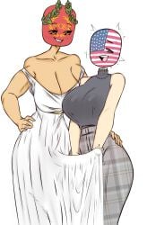 1futa 1girls alternate_version_available big_breasts bigger_futa blush breasts clothed clothing countryhumans countryhumans_girl dress duo erect_penis erection erection_under_clothes erection_under_dress female flawsy flustered fully_clothed futa_on_female futanari huge_breasts humanoid impossibly_large_penis light-skinned_female light-skinned_futanari light_skin penis rome_(countryhumans) sleeveless standing sweat sweater sweating tan tenting thick_thighs turtleneck united_states_of_america_(countryhumans) white_dress wide_hips