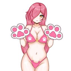 1girls big_breasts bikini blush cat_lingerie cat_paws cleavage embarrassed front_view hair_over_one_eye highres latam_virtual_youtuber light-skinned_female light_skin long_hair looking_at_viewer neneefthy pink_bikini pink_hair simple_background standing thong thong_bikini virtual_youtuber vtuber vtuberfanart white_background yeizer yellow_eyes