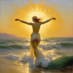 ai_generated ass back back_view beach blonde_hair blue_eyes curly_hair curvy halo horizon lips long_hair naked_female nude ocean presenting pubic_hair realistic seaside shore sky small_breasts smile solo sun sunrise water waves william_bouguereau