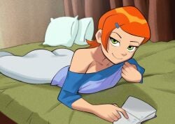 1girls ass ben_10 breasts cartoon_network clothed female female_focus female_only green_eyes gwen_tennyson gwen_tennyson_(classic) human looking_at_viewer lying_on_bed newguy1091 nipples orange_hair short_hair solo solo_female solo_focus