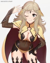 1girls absurdres ahoge antenna_hair black_bridal_gauntlets blonde_hair bodystocking breasts bridal_gauntlets circlet clothing covered_navel female female_only fire_emblem fire_emblem_fates gold_cape grey_eyes hayato_stuff highres large_breasts nintendo one_eye_closed ophelia_(fire_emblem) panties parted_bangs smile solo underwear yellow_panties