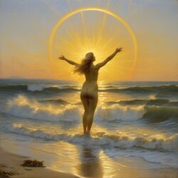 ai_generated ass back back_view beach blonde_hair curly_hair curvy halo horizon lips long_hair naked_female nude ocean presenting pubic_hair realistic seaside shore sky small_breasts solo sun sunrise water waves william_bouguereau