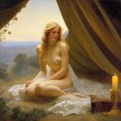 ai_generated belly blonde_hair blue_eyes breasts curly_hair curvy lips long_hair navel nipples nude presenting realistic sitting small_breasts smile solo tent tent_interior william_bouguereau