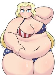 1girls america_(ohasi) american_flag_bikini arm_behind_head belly belly_grab bikini blonde_hair blue_eyes borrowed_character breasts chubby_female closed_mouth collarbone embarrassed fat fat_woman female female_only flag_print highres large_breasts long_hair midnitemorty morbidly_obese morbidly_obese_female navel obese obese_female ohasi original pale_skin solo sweat swimsuit thick_thighs thighs white_background