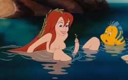 1futa ariel ariel_(the_little_mermaid) blue_eyes breasts catdrawer cum cum_drip edit ejaculation erect_penis erection fish futanari naked penis red_hair smile the_little_mermaid water