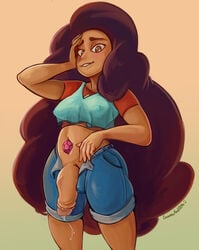 1futa big_hair brown_eyes brown_hair covered_nipples dark_skin denim denim_shorts fusion futa_only futanari gem gem_fusion human intersex long_hair looking_at_viewer midriff no_bra open_fly penis precum saucy-scones shorts smile solo solo_futa steven_universe stevonnie