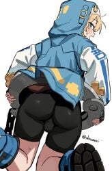 1boy ass back_view ball_bulge balls_under_clothes blonde_hair blue_eyes blush bridget bulge butt clothed clothing crossdressing digital_drawing_(artwork) femboy fingerless_gloves from_behind fully_clothed gloves guilty_gear guilty_gear_strive image legs legs_apart light_skin looking_at_viewer looking_back looking_back_at_viewer male petite shisoneri shoes shorts sweat sweating trap viewed_from_behind