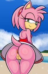 2024 absurd_res accessory amy_rose anthro anus blackmore blush body_blush bottomwear butt_blush clothed clothing emerald_coast eulipotyphlan female genitals hair_accessory hairband hedgehog hi_res looking_at_viewer looking_back mammal pink_body pussy sega skirt solo sonic_the_hedgehog_(series) tail upskirt