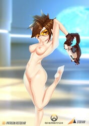 absurdres armpits arms_up astdevir bangs bare_shoulders barefoot black_gloves breasts brown_eyes brown_hair clitoris collarbone copyright_name cowboy_shot depth_of_field female gloves goggles groin gun leg_lift leg_up lips looking_at_viewer medium_breasts navel nipples nose nude one_leg_raised overwatch patreon pussy short_hair smile solo spiked_hair standing standing_on_one_leg stomach tracer uncensored weapon