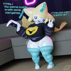 3d_(artwork) 3d_model big_breasts bubble_butt controller couch dialogue exposed_pussy female gamer_girl generation_3_pokemon jackbox_games jirachi milky_(milkyeightysix) milkyeightysix neon_lights playstation playstation_5 playstation_controller pokemon pokemon_(species) shirt solo_focus tagme tee_k.o. tee_k.o._(series) thick_thighs thighhighs