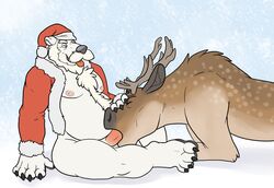 all_fours anthro anthro_on_feral antlers bear blueballs_(artist) bottomless cervine christmas closed_eyes duo facial_hair fellatio feral furry holidays horn male mammal mature_male moobs moustache nipples open_mouth oral overweight overweight_male polar_bear reindeer santa_claus scrunchy_face sex side_view sitting tongue tongue_out yaoi zoophilia