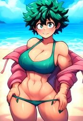 ai_generated bikini female female_deku genderswap_(mtf) izuku_midoriya jacket krystalizedart large_ass large_breasts midriff my_hero_academia navel rule_63 thick_thighs toned_stomach wide_hips