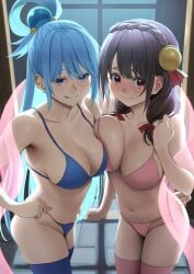 2girls aqua_(konosuba) belly belly_button big_breasts blue_eyes blue_hair breast_press breasts brown_hair female female_only huge_breasts izawa_(bhive003) kono_subarashii_sekai_ni_shukufuku_wo! large_breasts long_hair looking_at_viewer night panties_pull pulled_by_another red_eyes ribbons short_hair stockings tagme thigh_highs thighhighs thong tongue tongue_out underwear yunyun_(konosuba)