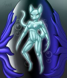 2016 alien anthro areola blue_skin breasts bubble earthbound english_text female giegue grey_background hirurux looking_at_viewer mother_(series) mother_2 nintendo nipples nude pink_nipples pussy signature simple_background solo text video_games