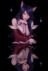 1girls ahri artelsia bare_shoulders cleavage default_ahri female female_focus female_only fox_ears fox_girl kimono kitsune league_of_legends mostly_clothed nine_tailed_fox reflection seductive yellow_eyes