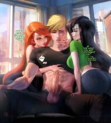 1boy 2girls ass big_ass big_breasts big_penis black_hair breasts curvaceous curvy curvy_figure dialogue disney english_text erect_penis erection female ginger_hair green_eyes human kim_possible kimberly_ann_possible long_hair male multiple_girls penis ron_stoppable sakimichan shego text