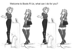 1boy 1boy1girl 1female 1girls 1male ballbusting ballbusting_orgasm black_and_white blonde_female blonde_hair blonde_hair_female boot_fetish bootjob boots cbt celera_prime cock_and_ball_torture cum cum_on_boots cumshot customer dominant_female dominatrix english english_text female femdom femdom_caption foot_fetish footjob footwear handbag high_heel_boots high_heels jeans leather leather_boots long_hair long_hair_female male monochrome original original_character original_characters patent_boots shoe_fetish shoejob shoes shopping short_hair short_hair_female skirt submissive_male thigh_boots thighhigh_boots thighhighs thighs trample trampling